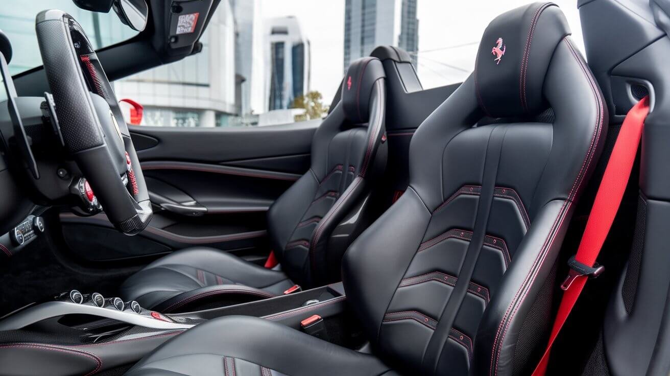 Black leather Ferrari seats with red stitching