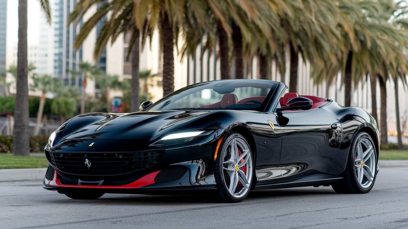 Black Ferrari Portofino M with red details parked under palm trees