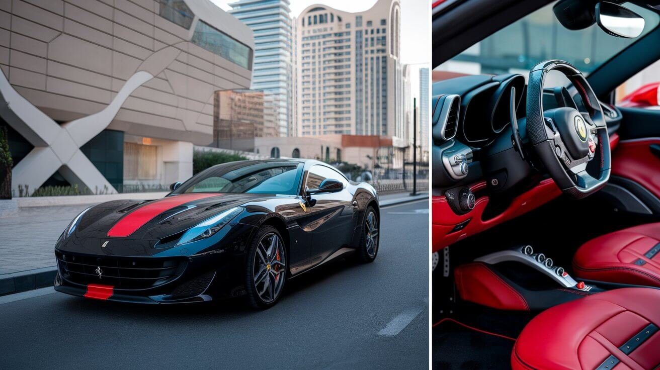Black Ferrari with a red stripe and matching red interior in Dubai