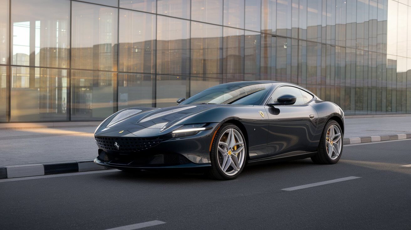 Grey Ferrari Roma parked in front of a glass building in Dubai