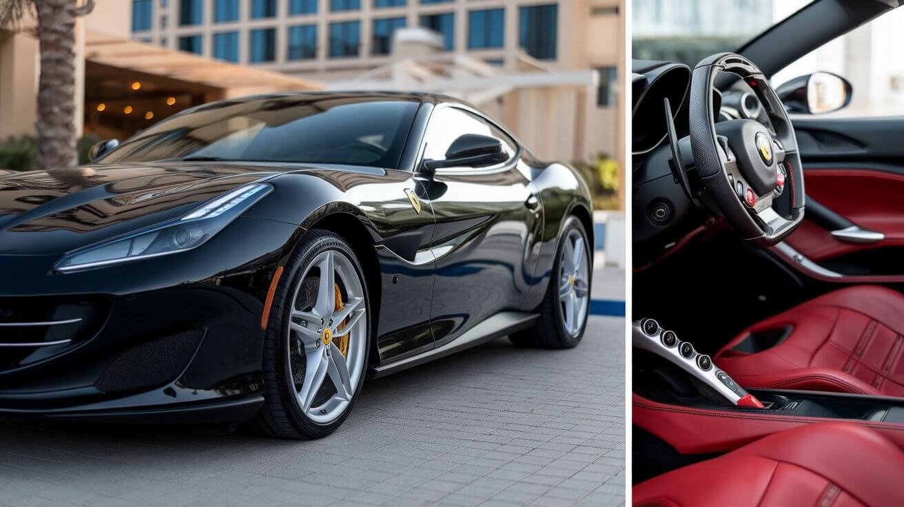 Black Ferrari with red leather interior outside a Dubai hotel for a business event