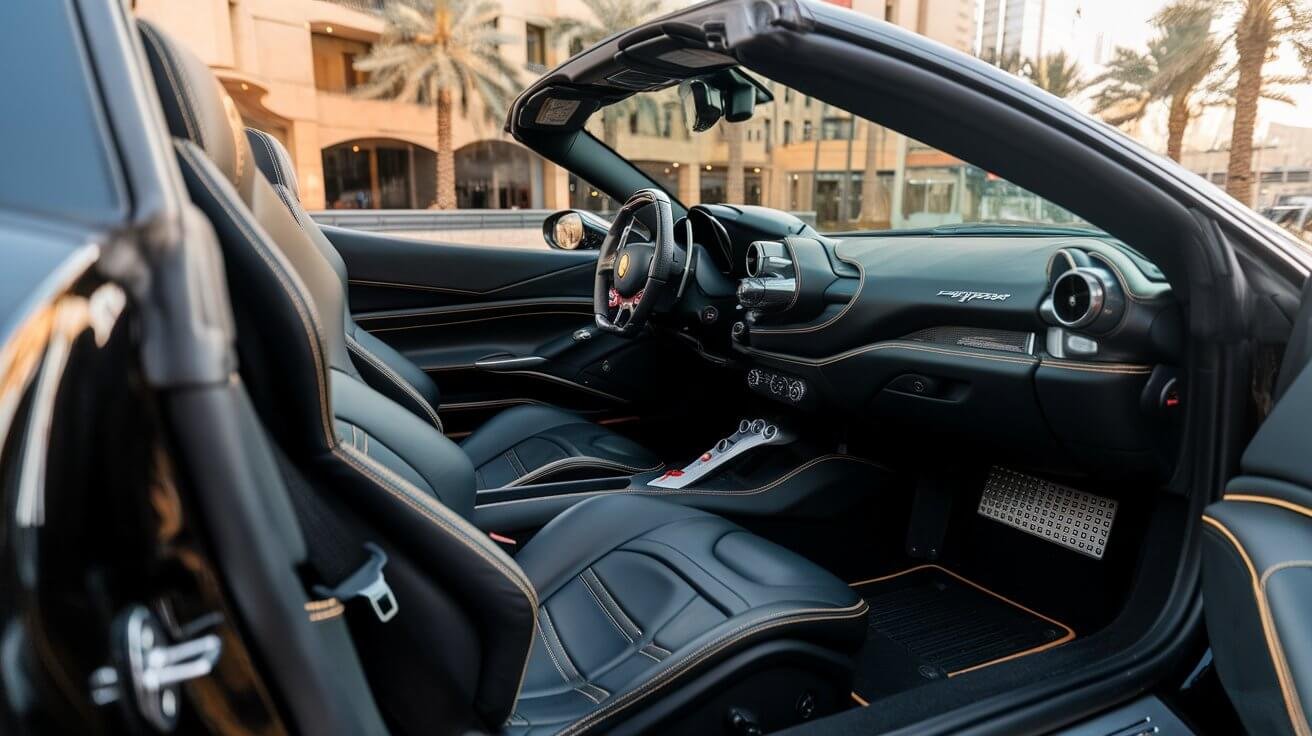 Black Ferrari spider cabin with the roof open in Dubai