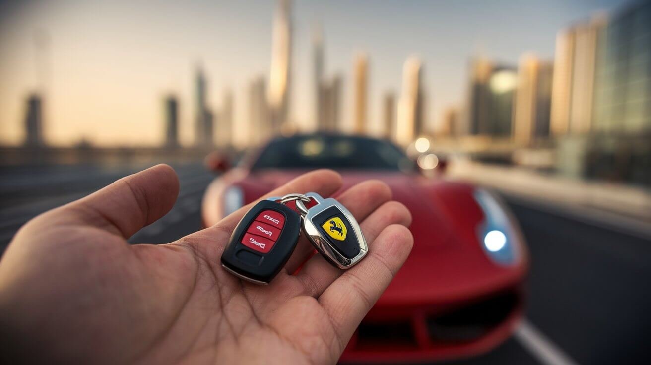 Ferrari key handed over with the Dubai skyline behind