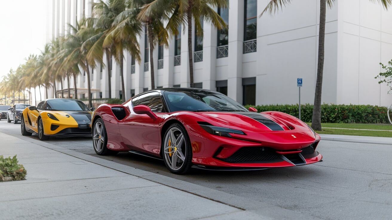 Red Ferrari F8 parked on a Dubai street with a yellow supercar behind