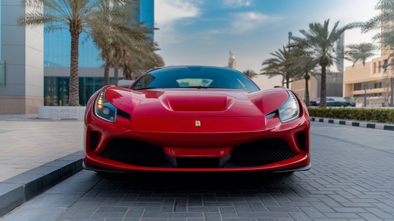 Front of a red Ferrari F8 parked between palm trees in Dubai