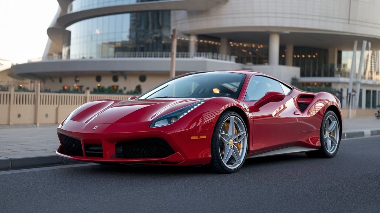 Red Ferrari 488 GTB parked in front of a modern Dubai building