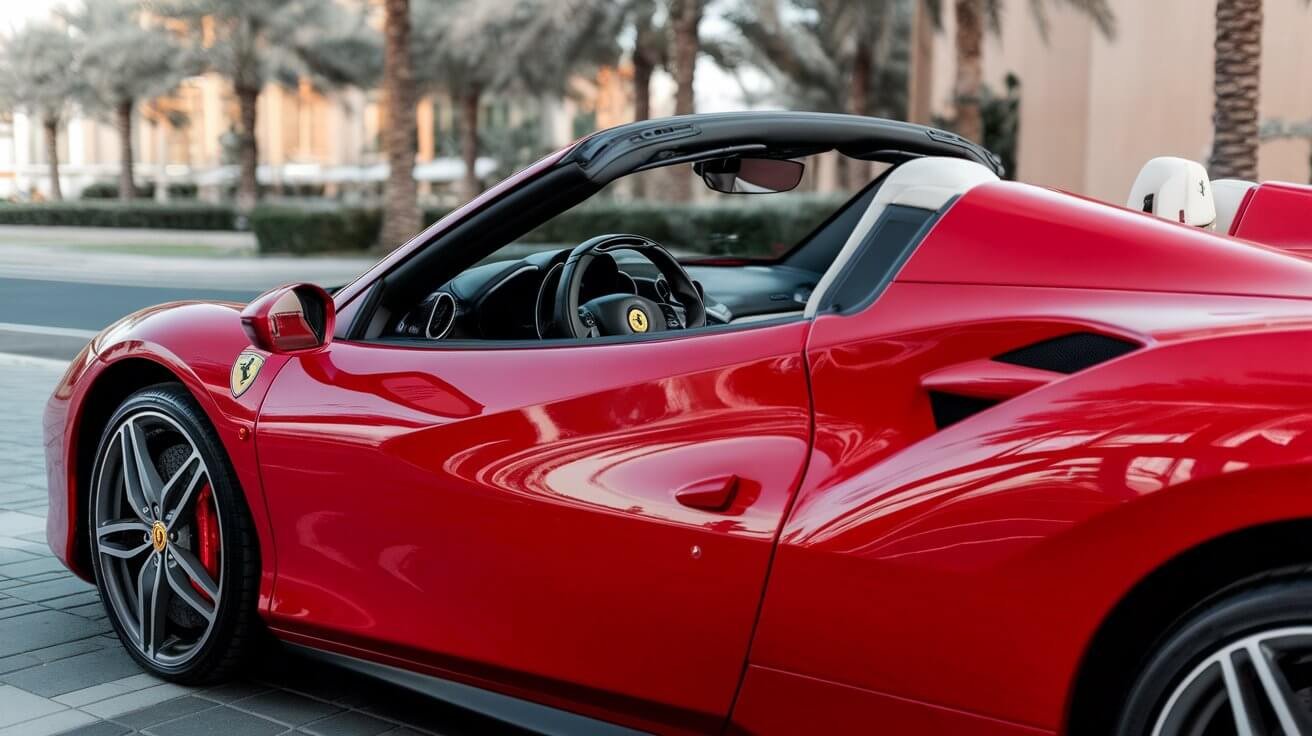 Red Ferrari spider with the roof down under Dubai palm trees