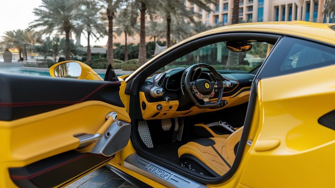 Open door of a yellow Ferrari showing the driver seat