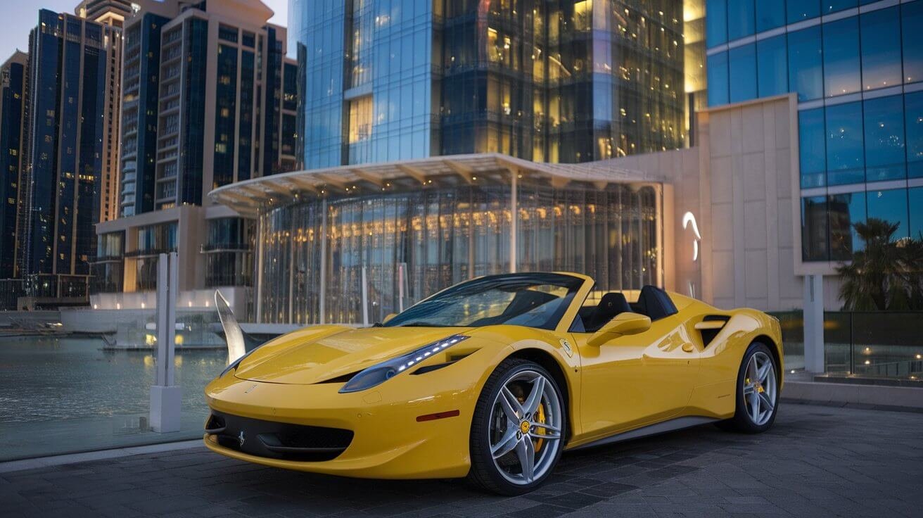 Yellow Ferrari spider parked outside a glass tower in Dubai for a photoshoot