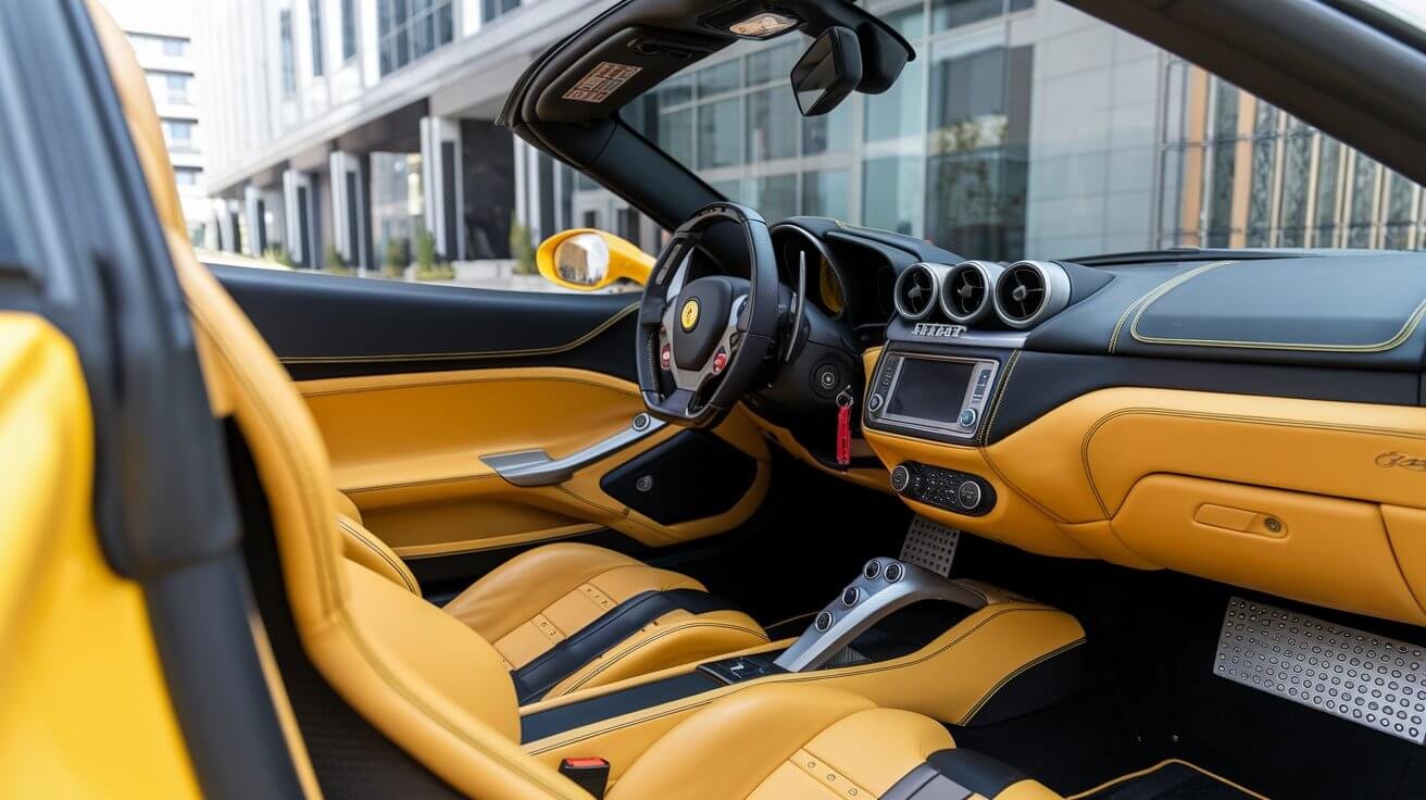 Yellow Ferrari interior with tan leather seats